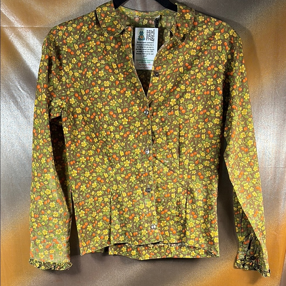 Vintage 50’s cotton casual blouse Floral Button-Up Jacket some fading E1